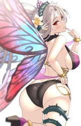 1girl absurdres alternate_costume ankleband ass ass_focus bikini black_bikini breasts butt_crack butterfly_wings duplicate fairy_wings finger_to_mouth fire_emblem fire_emblem_heroes flower flower_on_head gonzarez grey_hair hair_flower hair_ornament headband high_heels highres insect_wings looking_at_viewer looking_back nintendo parted_bangs plumeria_(fire_emblem) pointy_ears ponytail_korosuke red_eyes sideboob simple_background solo sweat swimsuit thigh_strap thighs thorns white_background wings rating:Sensitive score:92 user:hohciM
