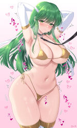  1girl armpits arms_behind_head awayuki_ramika bikini black_collar blush boots breasts cleavage cleft_of_venus collar covered_erect_nipples elbow_gloves fire_emblem fire_emblem:_mystery_of_the_emblem gloves gold_bikini gradient_background green_eyes green_hair heart heart-shaped_pupils highleg highleg_bikini highres large_breasts leash light_smile long_hair looking_at_viewer micro_bikini navel nintendo palla_(fire_emblem) partially_visible_vulva pink_background side-tie_bikini_bottom sideboob solo standing string_bikini sweat swimsuit symbol-shaped_pupils thigh_boots thighs underboob white_gloves wide_hips 
