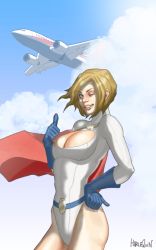  1girl aircraft airplane alien belt blonde_hair blue_eyes breasts cape cleavage cleavage_cutout clothing_cutout cloud dc_comics female_focus gloves hands_on_own_hips harlequin_(pixiv518935) kryptonian leotard power_girl red_cape short_hair sky solo thumbs_up wink 