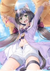 1girl animal_ear_fluff animal_ears arms_up bikini black_hair blue_bikini blue_sky blush bow cat_ears cat_girl cat_tail cloud collarbone commentary_request day drawstring eyewear_on_head fang glint green_eyes hair_bow innertube jacket karyl_(princess_connect!) karyl_(summer)_(princess_connect!) long_hair long_sleeves looking_at_viewer miri_(ago550421) multicolored_hair navel open_clothes open_fly open_jacket open_mouth open_shorts outdoors princess_connect! purple_jacket red_bow short_shorts shorts sky solo streaked_hair sun sunglasses sunlight swim_ring swimsuit tail tears thigh_strap v-shaped_eyebrows very_long_hair wading water white_hair white_shorts rating:Sensitive score:8 user:danbooru