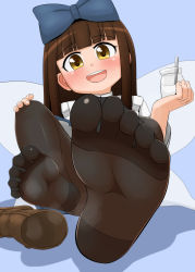 1girl :d black_pantyhose blue_background blue_bow blunt_bangs blush boots unworn_boots bow brown_footwear brown_hair feet foot_focus haiiroguma hair_bow highres long_hair looking_at_viewer looking_down open_mouth pantyhose shadow shoes unworn_shoes simple_background single_shoe sitting smell smile soles solo star_sapphire toes touhou yellow_eyes rating:Questionable score:38 user:ara-ara