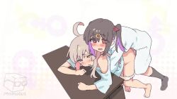  2girls ahoge animated barefoot bent_over black_socks blush bow brown_eyes clothed_sex coat colored_inner_hair commentary doggystyle dot_nose erection feet furrowed_brow futa_with_female futanari grey_hair hair_between_eyes hair_bow hair_ornament hairpin heart heart-shaped_pupils implied_futanari implied_sex incest kneehighs lab_coat long_hair looping_animation male-female_symbol medium_hair momo_no_suidou-sui multicolored_hair multiple_girls no_pants no_shoes off_shoulder onii-chan_wa_oshimai! open_clothes open_coat oversized_clothes oversized_shirt oyama_mahiro oyama_mihari panties panties_around_leg panty_pull penis pink_hair pocket pumping purple_hair red_bow sex sex_from_behind shirt short_twintails siblings simple_background sisters socks streaked_hair symbol-shaped_pupils t-shirt table tagme tareme twintails two-tone_hair underwear video white_background white_coat white_panties white_shirt  rating:Explicit score:430 user:fav-gotes