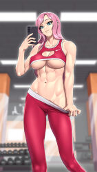  abs breasts clothes_pull commission covered_erect_nipples lyoung0j muscular muscular_female pants pixiv_commission pulling_own_clothes selfie tagme underboob  rating:Sensitive score:6 user:boznsj