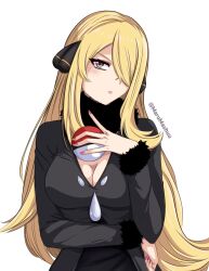  1girl artist_name blonde_hair breasts cleavage closed_mouth creatures_(company) cynthia_(pokemon) fur-trimmed_sleeves fur_collar fur_trim game_freak grey_eyes hair_ornament hair_over_one_eye highres holding holding_poke_ball large_breasts long_hair long_sleeves looking_at_viewer martin_the_master nintendo pink_nails poke_ball poke_ball_(basic) pokemon pokemon_dppt simple_background solo twitter_username upper_body v-shaped_eyebrows very_long_hair white_background 