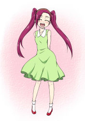  1girl :d aged_down bleach blush breasts child closed_eyes dokugamine_riruka dress full_body green_eyes hairband hanya_(hanya_yashiki) highres long_hair looking_at_viewer open_mouth purple_hair simple_background small_breasts smile socks solo standing sundress twintails very_long_hair  rating:Sensitive score:31 user:wazer