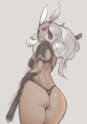  00s 1girl animal_ears ass back breasts rabbit_ears curvy dark_skin dark-skinned_female final_fantasy final_fantasy_xii fran_(ff12) from_behind grey_hair helmet highres long_hair looking_back norasuko parted_lips sideboob sketch solo thick_thighs thighs thong viera white_hair wide_hips  rating:Questionable score:80 user:dmysta3000