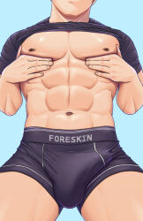  1boy abs bara bare_pectorals black_male_underwear black_shirt blue_background boxer_briefs bulge clothes_lift commentary_request covered_penis cowboy_shot cropped erection erection_under_clothes grabbing_own_pectoral hands_up head_out_of_frame highres large_pectorals legs_apart lifted_by_self male_focus male_underwear muscular muscular_male navel nipples no_pants original paid_reward_available pectoral_lift pectorals shiny_skin shirt shirt_lift short_sleeves simple_background solo standing taut_clothes taut_shirt underwear yamamo072 