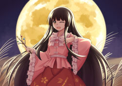  1girl absurdres bamboo_print black_hair bow bowtie branch commentary floral_print frilled_sleeves frills full_moon highres holding holding_branch houraisan_kaguya jeweled_branch_of_hourai long_hair long_sleeves looking_at_viewer moon night night_sky one_eye_closed open_mouth outdoors piaoluo_de_ying_huaban pink_shirt print_skirt red_skirt shirt skirt sky smile solo touhou very_long_hair white_bow white_bowtie wide_sleeves yellow_eyes 