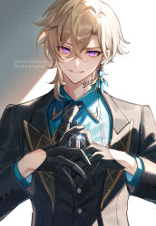  1boy amaichi_esora aqua_shirt artist_name aventurine_(honkai:_star_rail) black_gloves black_jacket black_necktie black_vest blonde_hair blue_eyes buttons collared_shirt commentary_request crossed_bangs dated earrings glint gloves hair_between_eyes half_gloves hands_up highres holding honkai:_star_rail honkai_(series) jacket jewelry lapels light_particles long_sleeves looking_at_viewer male_focus multicolored_eyes neck_tattoo necktie open_clothes open_jacket parted_bangs parted_lips purple_eyes shirt short_hair single_earring smile solo tattoo twitter_username upper_body vest wing_collar 