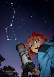  2girls big_dipper blue_eyes blush bow doki_doki_literature_club hair_bow hat highres khyle. looking_at_viewer looking_back multiple_girls natsuki_(doki_doki_literature_club) night night_sky open_mouth outdoors pink_hair red_bow short_hair sky solo_focus star_(sky) starry_sky telescope  rating:Sensitive score:30 user:danbooru
