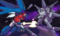  2boys arm_cannon artboiangelo autobot battle beam_axe beam_rifle blue_eyes cannon crossover decepticon energy_gun fighting fin_funnels flying freedom_gundam funnels_(gundam) glowing glowing_eyes gundam gundam_seed headgear highres holding holding_weapon insignia machine machinery mecha mechanical_wings megatron motor_vehicle multiple_boys no_humans open_mouth optimus_prime providence_gundam red_eyes retro_artstyle robot science_fiction semi_truck thrusters transformers transformers:_generation_1 truck weapon wings 