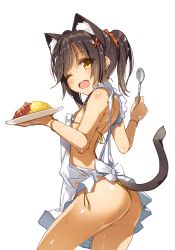 1girl animal_ears apron ass bikini black_hair breasts cat_ears cat_tail cowboy_shot food from_behind hair_ornament looking_at_viewer nearly_naked_apron one_eye_closed open_mouth original plate ponytail side-tie_bikini_bottom simple_background small_breasts smile solo spoon swimsuit tail thong_bikini white_background x_hair_ornament yanagi_yuu yellow_bikini yellow_eyes rating:Questionable score:16 user:danbooru
