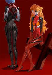  2girls :/ ass ayanami_rei black_bodysuit blue_eyes blue_hair bodysuit breasts closed_mouth covered_navel evangelion:_3.0_you_can_(not)_redo eyepatch full_body highres long_hair multiple_girls neon_genesis_evangelion one_eye_covered plugsuit rebuild_of_evangelion red_background short_hair simple_background sitting skin_tight small_breasts souryuu_asuka_langley standing two_side_up very_long_hair yd_(orange_maru)  rating:Sensitive score:5 user:danbooru