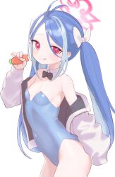1girl :p absurdres black_bow black_bowtie blue_archive blue_hair blue_leotard blush bow bowtie breasts carrot covered_navel detached_collar food food_on_face fubuki_(blue_archive) hair_bow halo highres holding holding_food holding_vegetable jacket leotard lk149 long_hair looking_at_viewer multicolored_hair off_shoulder open_clothes open_jacket red_eyes simple_background small_breasts solo streaked_hair tongue tongue_out twintails vegetable white_background white_bow white_hair rating:Sensitive score:56 user:danbooru