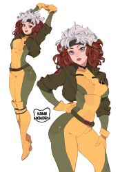  1girl arms_up ass bandana belt blue_eyes boots breasts brown_hair curly_hair full_body gloves hand_on_own_hip highres kamii_momoru large_breasts latex lips marvel multicolored_hair open_mouth rogue_(x-men) smile two-tone_hair vest white_background white_hair x-men 