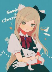  +_+ animal animal_ears aqua_background blonde_hair blue_gemstone bow bowtie braid brooch buttons cat cat_ears character_name character_request closed_mouth collared_shirt commentary_request crown_braid cup danganronpa_(series) danganronpa_2:_goodbye_despair gem gloves green_bow green_eyes green_skirt green_vest hair_bow highres holding holding_animal holding_cat jewelry kemonomimi_mode key lace lace-trimmed_gloves lace_trim light_blush long_hair oji-sama_(ochi4t) puffy_short_sleeves puffy_sleeves red_bow red_bowtie sanrio saucer shirt short_sleeves simple_background skirt skirt_set smile sonia_nevermind sparkling_eyes spill tea teacup very_long_hair vest white_gloves white_shirt white_sleeves 