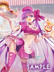  1girl bb_(fate) bb_(fate/extra) blush breasts burger choker cleavage crop_top cup fate/grand_order fate_(series) food french_fries goo-yan_(ogura_tomomi) hair_ribbon highres large_breasts long_hair looking_at_viewer midriff navel open_mouth parfait purple_eyes purple_hair ribbon short_sleeves smile solo thighhighs thighs tray very_long_hair visor_cap wrist_cuffs 