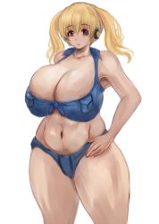  1girl bikini blonde_hair breasts brown_eyes cleavage huge_breasts mr106 nitroplus plump solo super_pochaco swimsuit thick_thighs thighs twintails wide_hips 