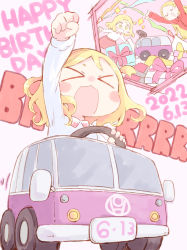  &gt;_&lt; 2girls :d >_< arm_up blonde_hair blush_stickers box commentary dated english_text closed_eyes gift gift_box happy_birthday love_live! love_live!_sunshine!! medium_hair multiple_girls multiple_views nekokun object_request ohara_mari ohara_mari&#039;s_mother open_mouth raised_fist red_skirt riding shirt single_bang skirt smile solo_focus toy white_shirt xd aged_down 