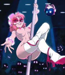  1girl ass boots breasts centinel303 heart heart-shaped_pupils high_heel_boots high_heels medium_breasts miss_heed pink_hair pole_dancing symbol-shaped_pupils thigh_boots villainous  rating:Explicit score:88 user:twilight_jester