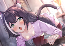 1girl all_fours animal_ear_fluff animal_ears black_hair blurry blurry_background blush breasts cat_ears cat_tail cleavage commentary_request female_focus fingernails green_eyes highres indoors jon_(pixiv31559095) karyl_(princess_connect!) long_hair long_sleeves low_twintails multicolored_hair open_mouth pajamas princess_connect! red_thighhighs solo streaked_hair tail thighhighs twintails white_hair rating:Questionable score:182 user:danbooru