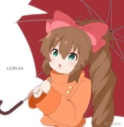  1girl bow brown_hair commentary copyright_name green_eyes hair_between_eyes hair_bow holding holding_umbrella long_hair long_sleeves mitya orange_shirt parted_lips pink_bow ponytail red_umbrella scryed shirt simple_background skirt solo twitter_username umbrella very_long_hair white_background white_skirt wide_sleeves yuuta_kanami 