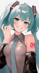  &gt;:) 1girl absurdres antenna_hair arm_tattoo bare_shoulders between_breasts black_sleeves blush breasts character_name commentary copyright_name detached_sleeves eyebrows_hidden_by_hair eyelashes fang green_eyes green_hair green_necktie grey_vest grin hair_between_eyes hand_up hatsune_miku head_tilt highres long_hair looking_at_viewer medium_breasts miku_miku_ni_shite_ageru_(vocaloid) necktie necktie_between_breasts number_tattoo sidelocks signature simple_background smile solo tananuki tattoo teeth twintails upper_body v-shaped_eyebrows very_long_hair vest vocaloid white_background  rating:General score:12 user:danbooru