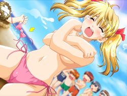    3girls 4boys akabei_soft alpha_(yukai_na_nakamatachi) assisted_exposure bandages beach bikini blonde_hair blurry blush breast_hold breasts bullying clothes_thief covering_privates covering_breasts crossed_arms depth_of_field arrow_(symbol) dutch_angle embarrassed closed_eyes game_cg humiliation multiple_boys multiple_girls ocean one-piece_swimsuit open_mouth sawachika_eri school_rumble school_swimsuit school_x_school side-tie_bikini_bottom solo_focus sweatdrop swim_trunks swimsuit tears topless twintails underboob wardrobe_malfunction  rating:Questionable score:28 user:danbooru