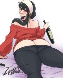 1girl absurdres artist_name ass bare_shoulders black_hair blush butt_crack cabbagebinn clothes_pull from_behind highres long_hair looking_back open_mouth pants pants_pull red_eyes red_sweater solo spy_x_family sweater yor_briar rating:Questionable score:42 user:FabricioDias