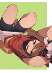 1girl bandana bike_shorts black_gloves blue_eyes breasts brown_hair commentary_request creatures_(company) fu-ta game_freak gloves gluteal_fold green_background highres holding holding_poke_ball long_hair looking_at_viewer lying may_(pokemon) medium_breasts nintendo on_back open_mouth poke_ball pokemon pokemon_rse red_bandana red_shirt shirt shoes short_hair solo teeth thighs two-tone_background two-tone_gloves white_background white_gloves rating:Sensitive score:56 user:danbooru