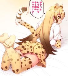 1girl animal_ear_fluff ass bad_id bad_pixiv_id blonde_hair breasts brown_hair cheetah_(kemono_friends) cheetah_ears cheetah_print cheetah_tail elbow_gloves feet_up gloves gradient_hair kemono_friends legs_up lying medium_breasts miniskirt multicolored_hair on_stomach pleated_skirt print_gloves print_skirt print_thighhighs skirt solo speech_bubble spotted_hair the_pose thighhighs totokichi translation_request yellow_eyes yellow_gloves yellow_skirt yellow_thighhighs rating:Sensitive score:19 user:danbooru