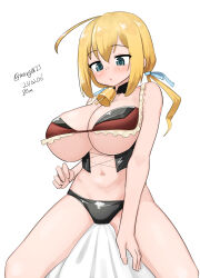  1girl absurdres ahoge alternate_costume bell bikini blonde_hair blue_eyes breasts cleavage dated highres i-8_(kancolle) kantai_collection large_breasts light_blush long_hair maru_(marg0613) mismatched_bikini neck_bell no_eyewear simple_background solo swimsuit twintails twitter_username white_background 