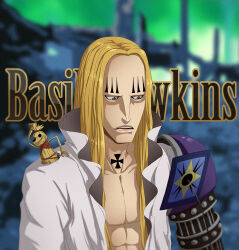  1boy abs armor basil_hawkins blonde_hair brown_eyes card character_name commentary corey_miller cross cross_patty english_commentary facial_mark floating_card frilled_shirt frills long_hair male_focus neck_tattoo one_piece open_clothes open_mouth pauldrons shirt shoulder_armor single_pauldron solo tattoo teeth white_shirt 