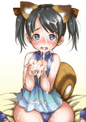 1girl animal_ears black_hair blue_eyes blush cum cum_in_mouth cum_on_body cum_on_hair cum_on_hands cum_on_lower_body cum_on_upper_body cupping_hands elin facial fangs loli looking_at_viewer mojarin_(kihara_mojarin) open_mouth own_hands_together ribbon short_hair short_twintails sitting solo squirrel_ears tail tears tera_online twintails wide_hips rating:Explicit score:235 user:danbooru