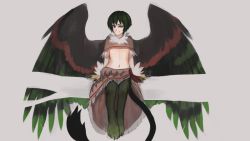  1boy animal_hands black_hair claws feathered_wings flat_chest full_body fur_collar gradient_hair green_eyes green_hair grey_background griffon_(monster_girl_encyclopedia) hair_between_eyes large_wings lion_tail looking_at_viewer monster_boy multicolored_hair navel paintrfiend short_hair simple_background sitting smile spread_wings stomach tail third-party_edit trap waist_cape wings  rating:Sensitive score:12 user:RuESTaTE