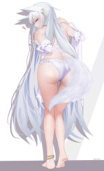  1girl absurdres animal_ears anklet ass azur_lane barefoot bikini fox_girl fox_tail from_behind full_body hair_ornament heart highres jewelry kitsune looking_at_viewer looking_back no_shoes official_alternate_costume see-through see-through_sleeves shinano_(azur_lane) shinano_(dreamy_white_sands)_(azur_lane) swimsuit tail white_background white_bikini white_tail zhemuxuanhua 