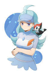 1girl absurdres ahoge arm_under_breasts bird blue_eyes blue_hair blue_hat breasts buttons collared_shirt creatures_(company) cropped_torso flipped_hair game_freak gen_7_pokemon hat highres kahili_(pokemon) light_blue_hair long_hair medium_breasts mole mole_under_eye nintendo on_shoulder pikipek pokemon pokemon_(creature) pokemon_on_shoulder pokemon_sm shirt short_sleeves solo_focus striped_clothes striped_shirt unknown-amelia visor_cap woodpecker