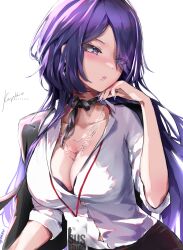  1girl absurdres acheron_(honkai:_star_rail) black_bra black_choker bra bra_peek breasts business_suit choker cleavage earrings eyes_visible_through_hair formal hair_over_one_eye hand_on_own_chin highres honkai:_star_rail honkai_(series) jewelry keyokku lanyard large_breasts light_blush long_hair looking_to_the_side nail_polish necklace open_clothes parted_lips purple_eyes purple_hair purple_nails ribbon_choker shirt signature simple_background solo suit twitter_username underwear upper_body white_background white_shirt 