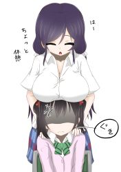 10s 2girls absurdres anger_vein angry black_hair bow breast_envy breast_rest breasts breasts_on_head chair cleavage closed_eyes hair_bow hair_ornament hair_scrunchie hands_on_another&#039;s_shoulders highres large_breasts long_hair love_live! love_live!_school_idol_project medium_hair multiple_girls no_eyes on_chair open_mouth otonokizaka_school_uniform purple_hair school_uniform scrunchie shaded_face simple_background sitting standing sweatdrop text_focus tojo_nozomi translation_request white_background yazawa_nico yuuki_noko_(kinoko_hanbaagu-tei)