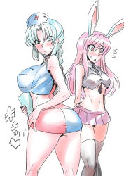 2girls animal_ears ass bare_shoulders blouse blue_eyes blue_hair blush braid braided_ponytail breast_envy breasts commentary_request curvy feet_out_of_frame huge_ass large_breasts long_hair medium_breasts microskirt multiple_girls navel purple_eyes purple_hair rabbit_ears reisen_udongein_inaba shirt simple_background single_braid skirt sleeveless sleeveless_shirt thick_thighs thighhighs thighs touhou tukiwani underboob undersized_clothes white_background wide_hips yagokoro_eirin rating:Questionable score:17 user:danbooru