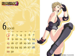 1girl blonde_hair blue_eyes boots breasts calendar daisy_cry elbow_pads fingerless_gloves gloves highres homare_(fool&#039;s_art) knee_pads large_breasts leotard open_mouth short_hair sideboob solo thigh_boots thighhighs wallpaper wrestle_angels wrestle_angels_survivor wrestle_angels_survivor_2 rating:Sensitive score:15 user:danbooru