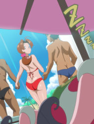 1girl 2boys ahoge alternate_color ass back beach beach_nanpa beach_umbrella bikini black_hair black_male_swimwear black_swim_briefs blue_male_swimwear blue_sky blue_swim_briefs blurry blurry_foreground brown_eyes brown_hair butt_crack chair closed_mouth cloud couple creatures_(company) dark-skinned_male dark_skin day delia_ketchum dutch_angle faceless faceless_male flipped_hair from_behind game_freak gen_1_pokemon hair_ornament hair_scrunchie halterneck hand_on_own_chest happy hetero higher_resolution_available holding_hands kneepits legs_together light_rays light_smile long_hair looking_at_viewer looking_back lounge_chair low_ponytail lying makino_tomoyasu male_swimwear mature_female mr._mime multiple_boys netorare nintendo on_back outdoors outstretched_arm outstretched_hand palm_tree pokemon pokemon_(anime) pokemon_(creature) pokemon_sm_(anime) ponytail red_bikini scrunchie shade shiny_skin short_hair side-by-side sky sleeping smile solo_focus spread_legs standing sunbeam sunlight swim_briefs swimsuit topless_male tree umbrella zzz rating:Questionable score:102 user:danbooru