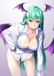1girl :q bad_id bad_pixiv_id breasts capcom cleavage downblouse dress_shirt green_eyes green_hair hand_on_own_hip head_wings large_breasts leaning_forward long_hair looking_at_viewer lowres matching_hair/eyes morrigan_aensland multiple_wings naked_shirt pointy_ears shirt smile solo tongue tongue_out unowen vampire_(game) wings rating:Sensitive score:65 user:danbooru