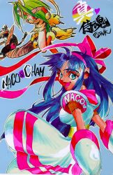  1990s_(style) 2girls ainu_clothes alternate_breast_size blue_eyes blue_hair boomerang breasts cat_eyes cham_cham fingerless_gloves gloves green_eyes green_hair hair_ribbon harumaru heart highres large_breasts legs long_hair looking_at_viewer looking_back monkey multiple_girls nakoruru open_mouth pants pointy_hair retro_artstyle ribbon samurai_spirits small_breasts smile snk thighs traditional_media 