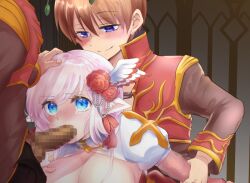  1girl 2boys arch_bishop_(ragnarok_online) blue_eyes blush breasts brown_coat censored cleavage closed_eyes closed_mouth coat commentary_request commission fellatio flower gold_trim group_sex hair_flower hair_ornament hand_on_another&#039;s_head head_wings hetero large_breasts long_hair long_sleeves looking_at_another mmf_threesome moko_(gumaguma_m) mosaic_censoring multicolored_coat multiple_boys oral out-of-frame_censoring paid_reward_available penis pointy_ears priest_(ragnarok_online) ragnarok_online red_coat red_flower sex short_hair skeb_commission smile threesome two-tone_coat upper_body white_wings wings 