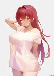 1girl a-o_a blush breasts closed_mouth covered_erect_nipples hair_down heterochromia highres hololive houshou_marine large_breasts long_hair naked_shirt red_eyes red_hair shirt smile solo virtual_youtuber white_background white_shirt yellow_eyes rating:Questionable score:36 user:danbooru