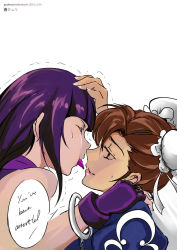  2girls alternate_hairstyle brown_hair capcom chun-li cuffs double_bun english_text eye_contact fingerless_gloves gloves hair_bun hair_down halterneck han_juri hand_on_another&#039;s_head hand_on_another&#039;s_shoulder handcuffs imminent_kiss long_hair looking_at_another multiple_girls purple_hair push!_(pushmylove) speech_bubble street_fighter street_fighter_iv_(series) tongue tongue_out trembling yuri  rating:Sensitive score:32 user:dmysta3000