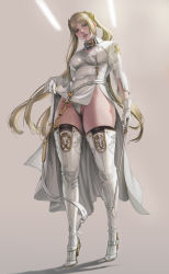 1girl arm_at_side blonde_hair blush boots breasts clothes_lift commander_(nier:automata) commentary_request covered_erect_nipples dress dress_lift full_body gloves green_eyes hair_ornament high_heel_boots high_heels highres holding holding_riding_crop holding_whip jeneral lifting_own_clothes long_hair long_sleeves looking_at_viewer medium_breasts mixed-language_commentary nier:automata nier_(series) panties parted_lips realistic riding_crop solo standing thigh_boots thighs twintails underwear very_long_hair white_dress white_footwear white_gloves white_panties zipper_dress rating:Questionable score:124 user:danbooru