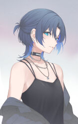  1girl a9_(repainter) absurdres bare_shoulders black_choker black_jacket black_shirt blue_eyes blue_hair chain chain_necklace choker commentary ear_piercing highres hiodoshi_ao hololive hololive_dev_is jacket jewelry medium_hair mole mole_under_mouth necklace off_shoulder open_clothes open_jacket parted_lips piercing shirt solo symbol-only_commentary virtual_youtuber 