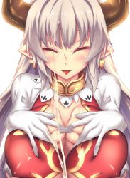 10s 1girl alicia_(granblue_fantasy) blush breast_press breasts cleavage collar cross cross_earrings cum draph earrings ejaculation covered_erect_nipples closed_eyes fi-san finger_to_mouth gloves granblue_fantasy hands_on_own_chest horns jewelry large_breasts long_hair looking_at_viewer pointy_ears skindentation smile solo tongue tongue_out transparent_background rating:Explicit score:18 user:danbooru